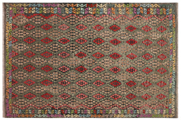 Flat Weave Kilim, Antique, Navaho, Vintage, Handmade, Geometric Kilim Green Red Hand-Woven Rectangle 100% Wool Area Rug 3 x 6